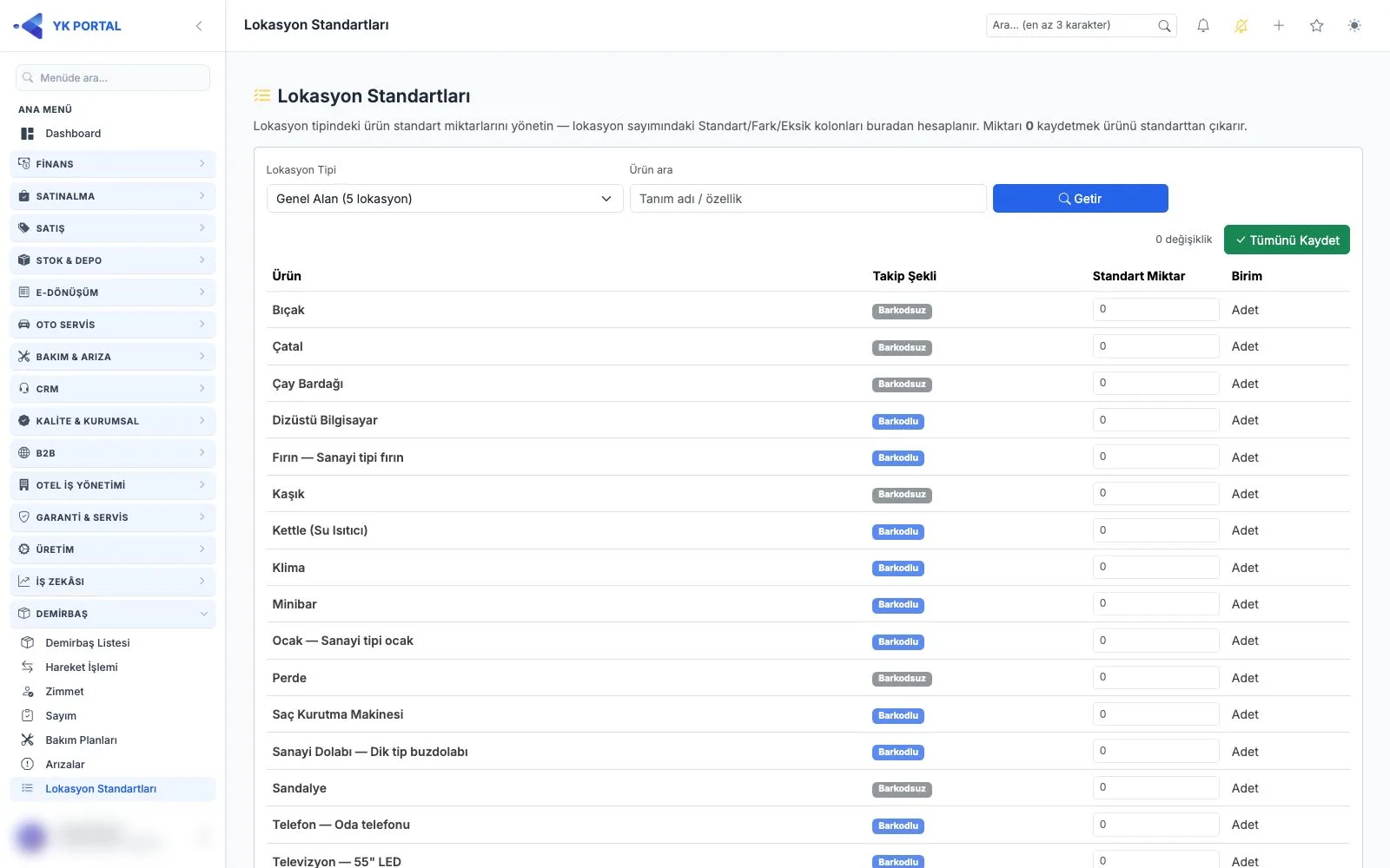 Demirbaş Takip Programı — 8. Lokasyon Standartları ekranı